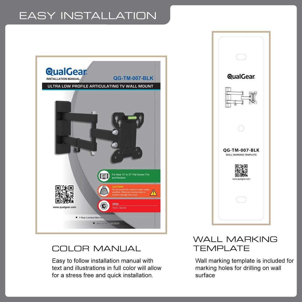 QualGear 13-27 in full motion tv wall mount low profile black, shown installed.