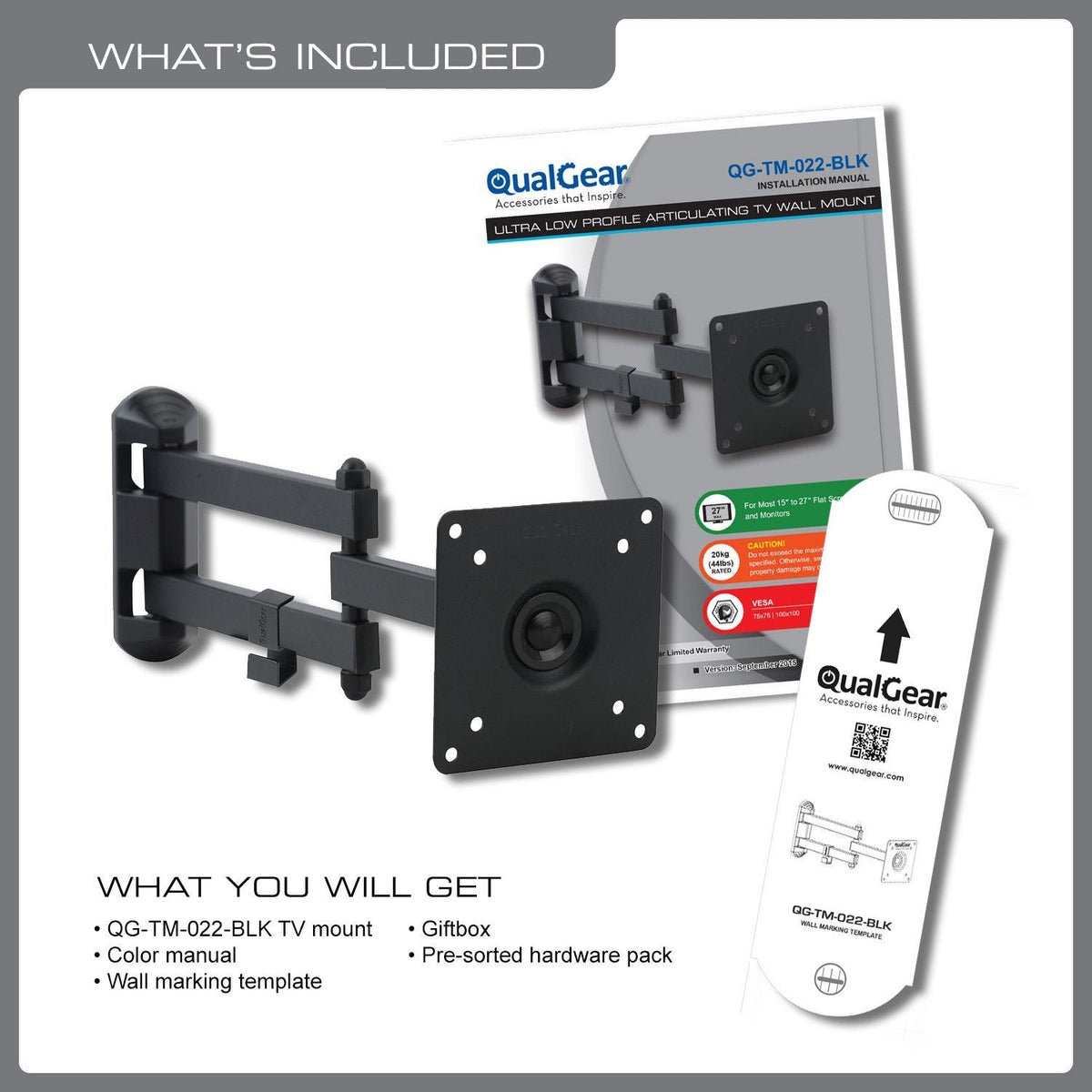 QualGear 13-27 in articulating tv wall mount black, with included hardware.