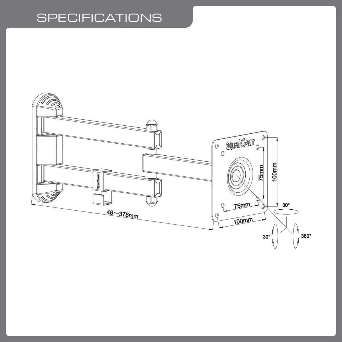 QualGear 13-27 in articulating tv wall mount black, with included hardware.
