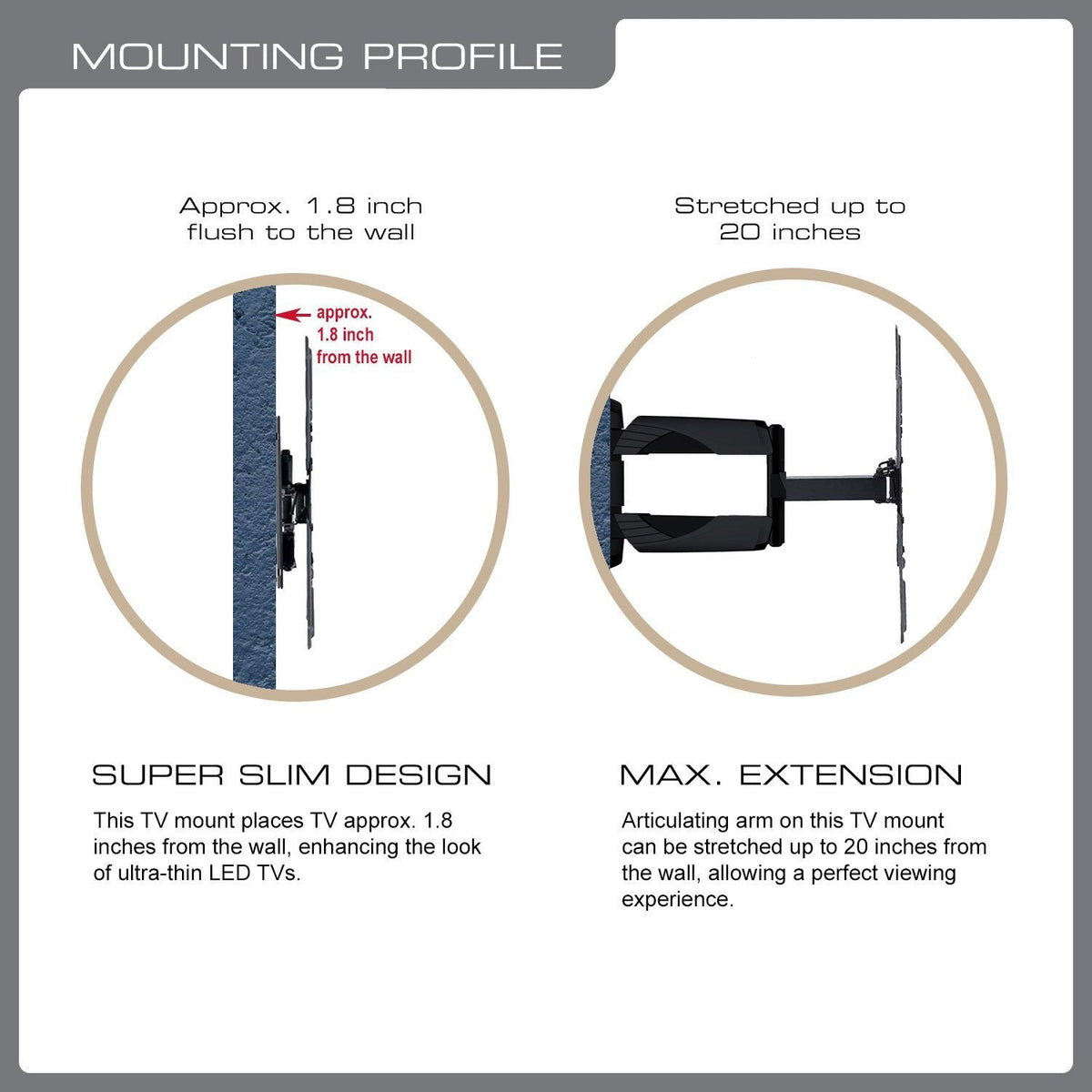 QualGear 23-55 in articulating tv wall mount ultra slim black, shown installed.