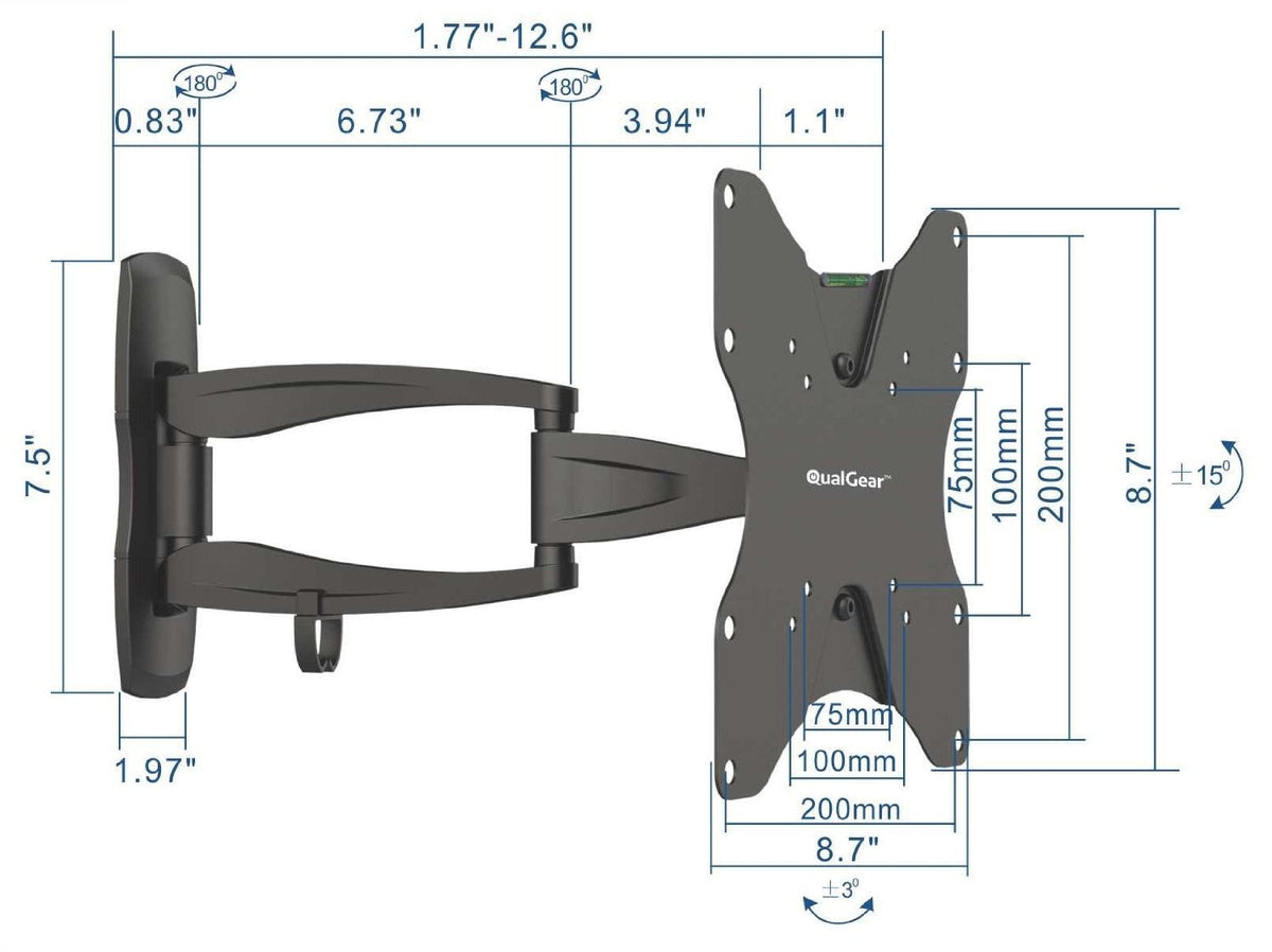 QualGear 23-42 in articulating tv wall mount ultra slim black, with dimensions.