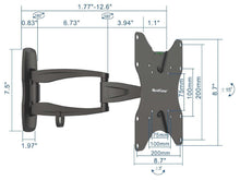 QualGear 23-42 in articulating tv wall mount ultra slim black, with dimensions.