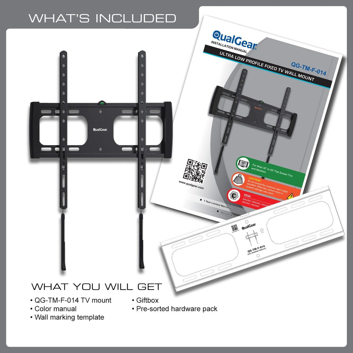 QualGear 32-55 in ultra slim fixed tv wall mount black, in packaging.