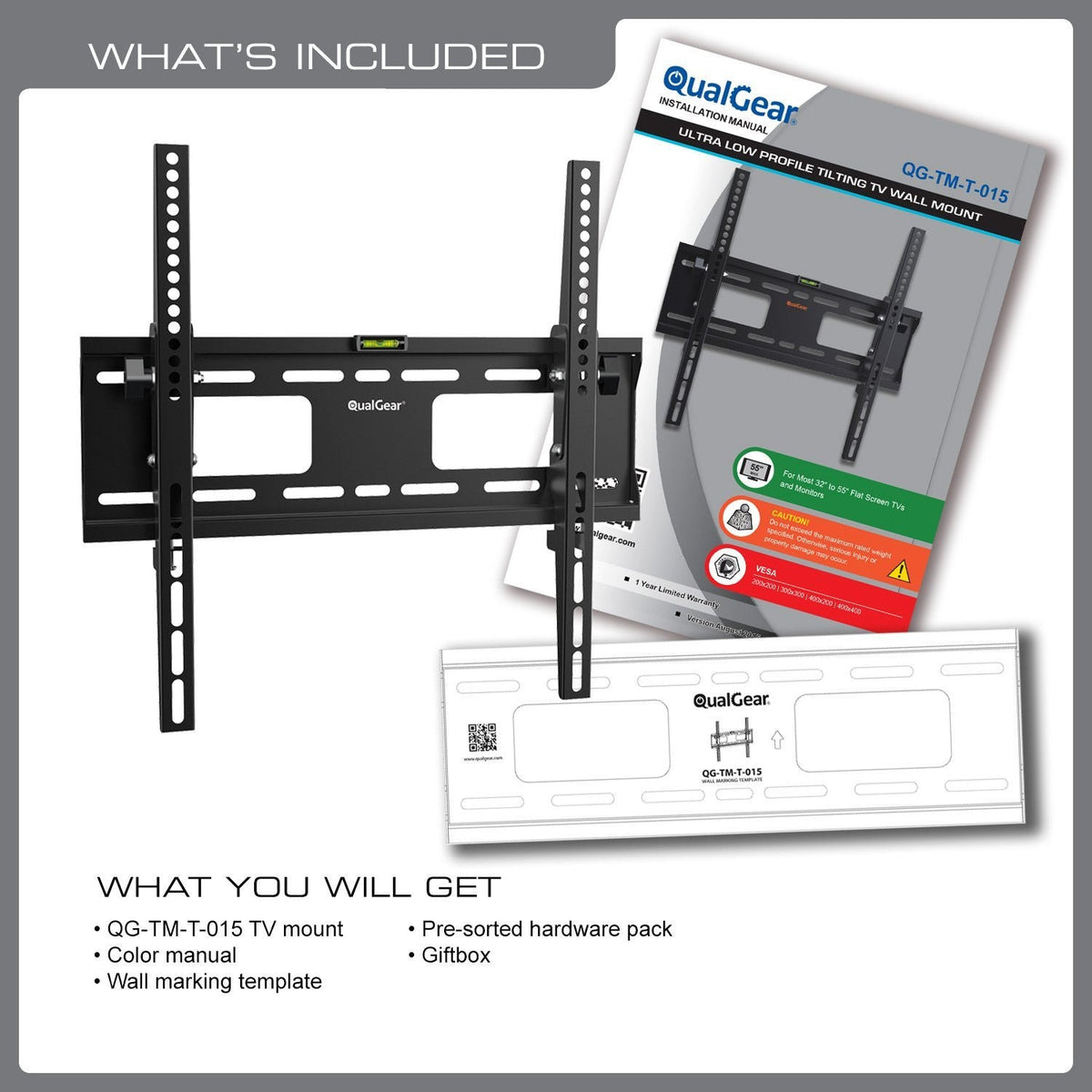 QualGear 23-47 in tilting tv wall mount low profile black, showing tilt range.