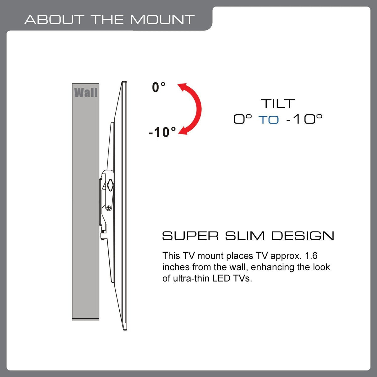QualGear 23-47 in tilting tv wall mount low profile black, with dimensions.