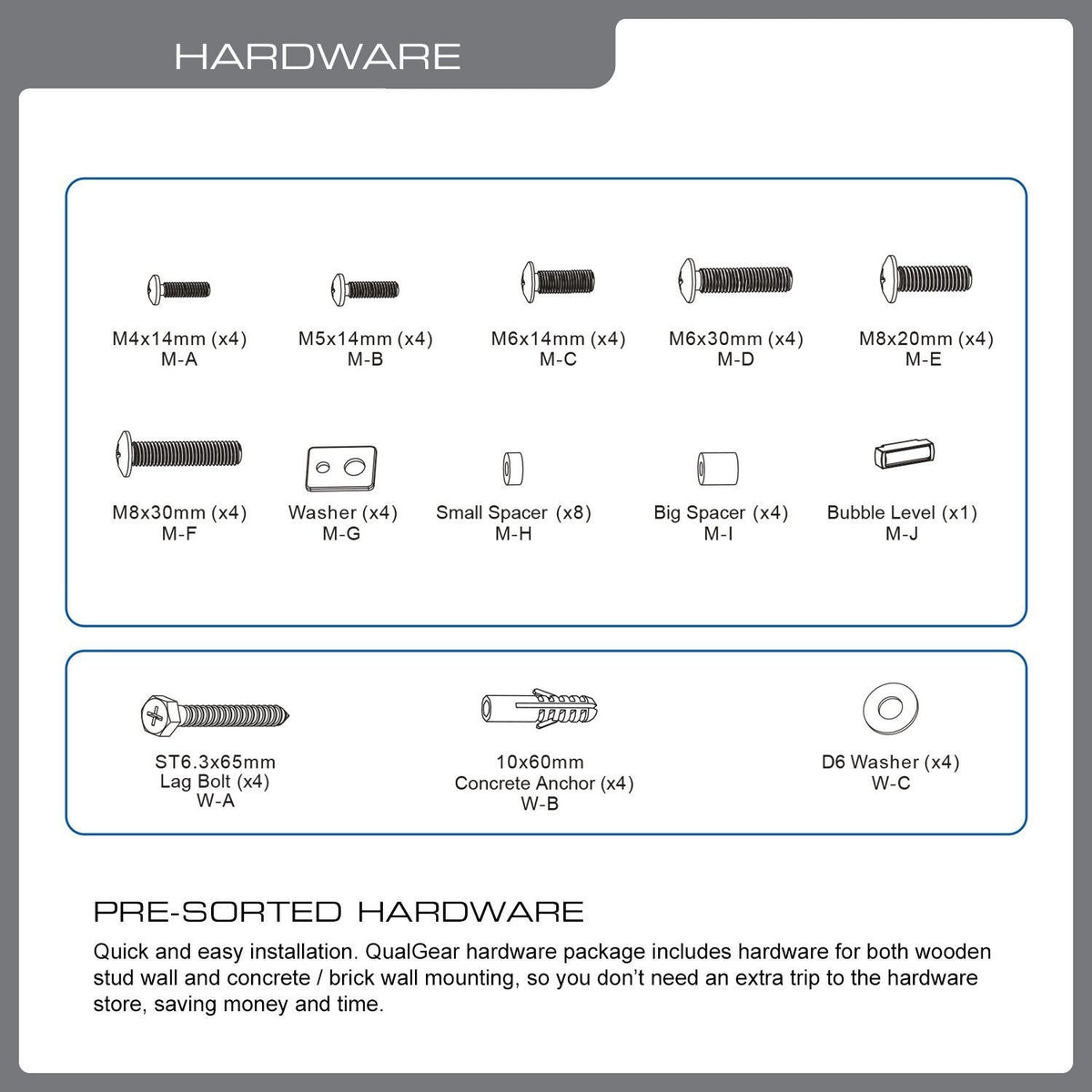 QualGear 23-47 in tilting tv wall mount low profile black, with included hardware.