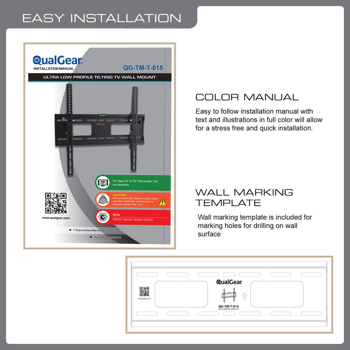 QualGear 23-47 in tilting tv wall mount low profile black, shown installed.