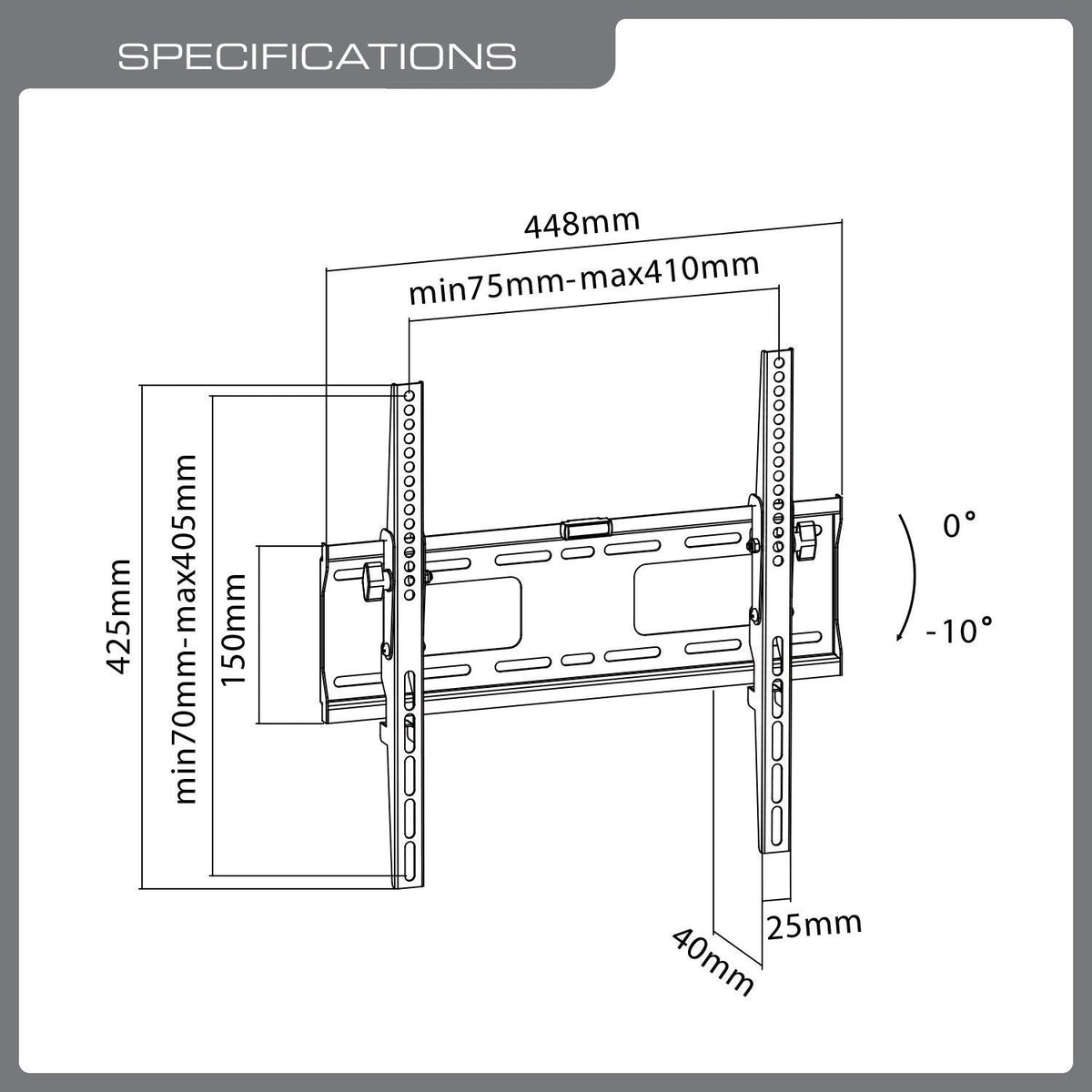 QualGear 23-47 in tilting tv wall mount low profile black, with dimensions.