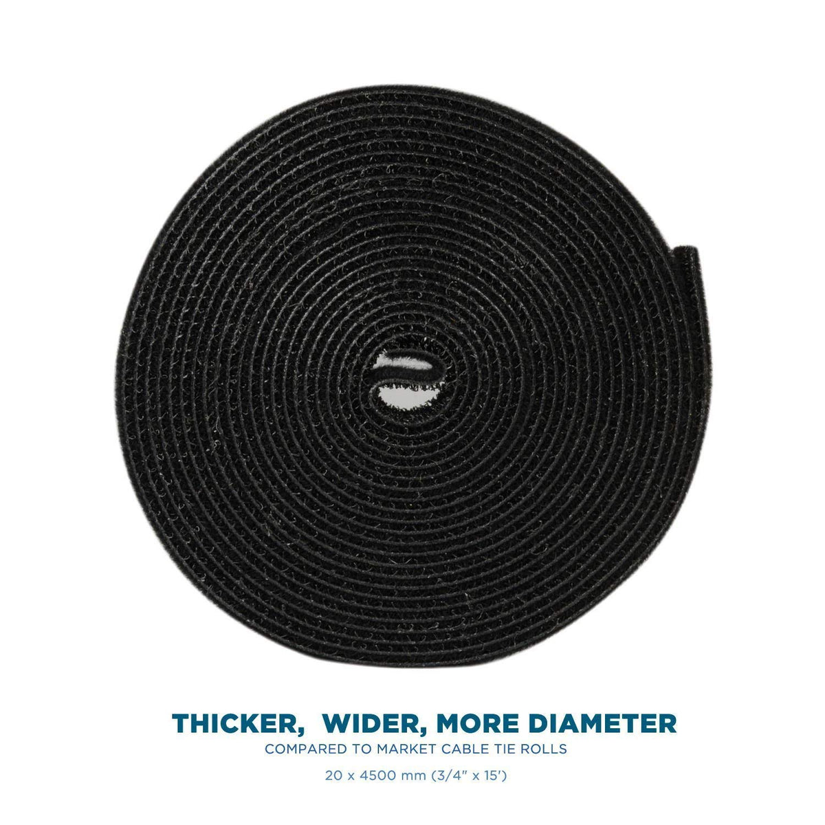 QualGear reusable cable tie roll 3/4 in x 15 ft black 2 pack, close-up detail.