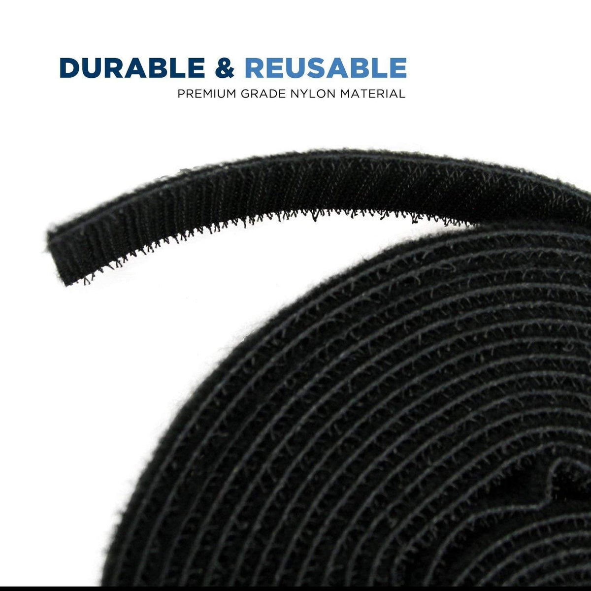 QualGear reusable cable tie roll 3/4 in x 15 ft black 2 pack, side view.