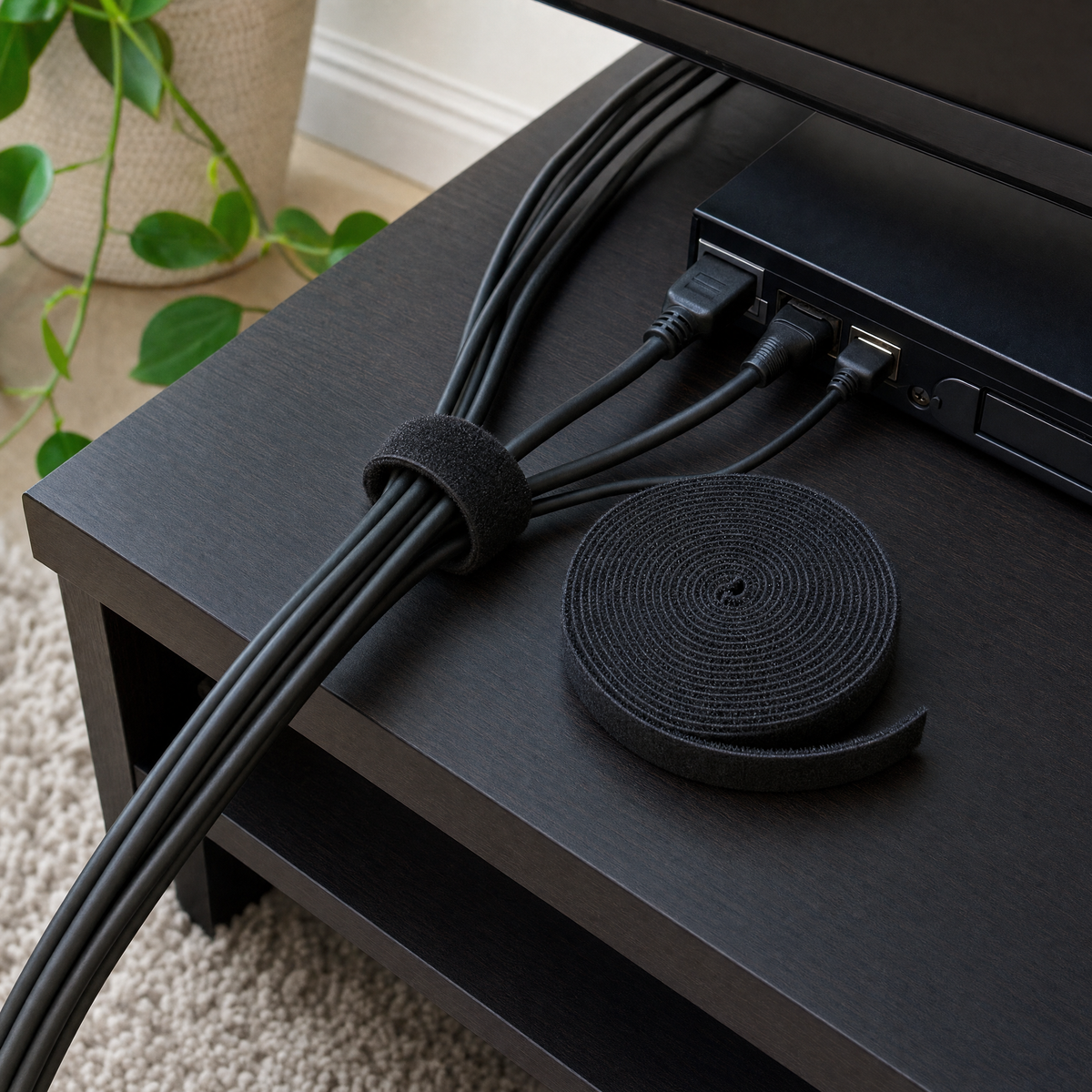 QualGear reusable hook-and-loop cable tie roll in black, one wrap securing a cable bundle along a dark wall