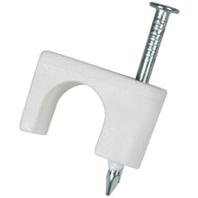 White QualGear 6 mm nail-in cable clip with steel nail, shown upright on a white background