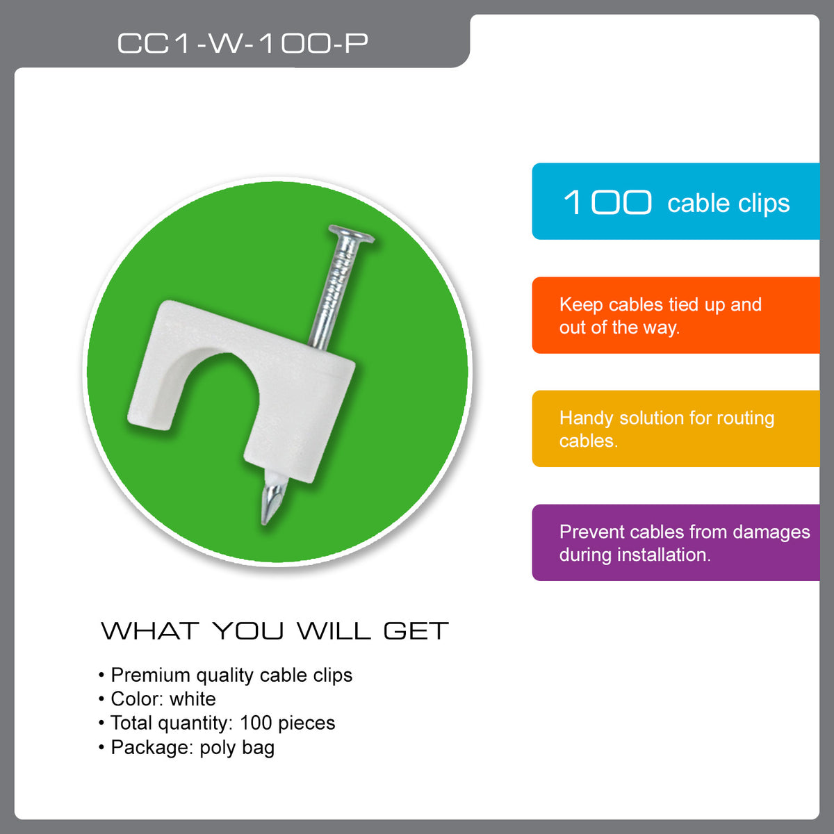 What-you-get card for QualGear 6 mm white cable clips: 100 clips with nails in a poly bag