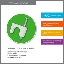 What-you-get card for QualGear 6 mm white cable clips: 100 clips with nails in a poly bag