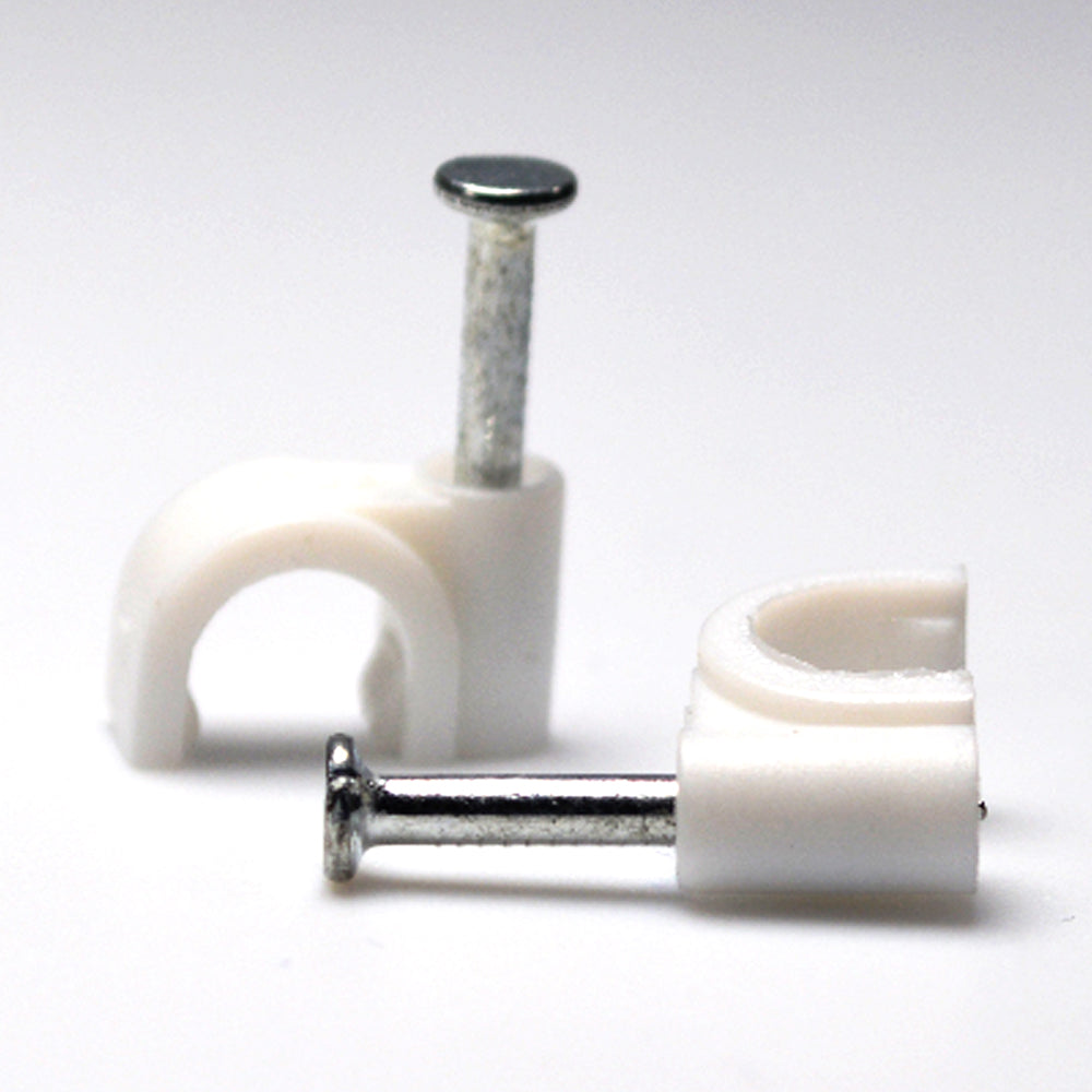 Close-up of two white QualGear cable clips showing the 6 mm saddle and included mounting nails