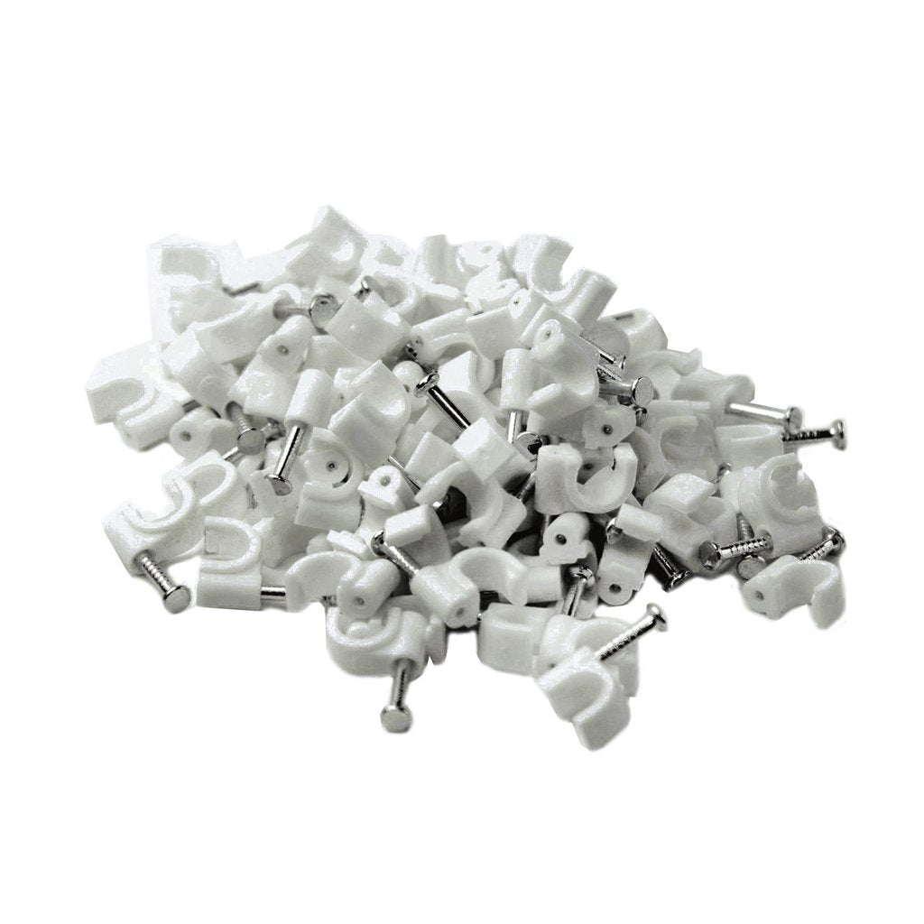 Loose pile of the 100-pack white QualGear 6 mm cable clips with nails pre-inserted