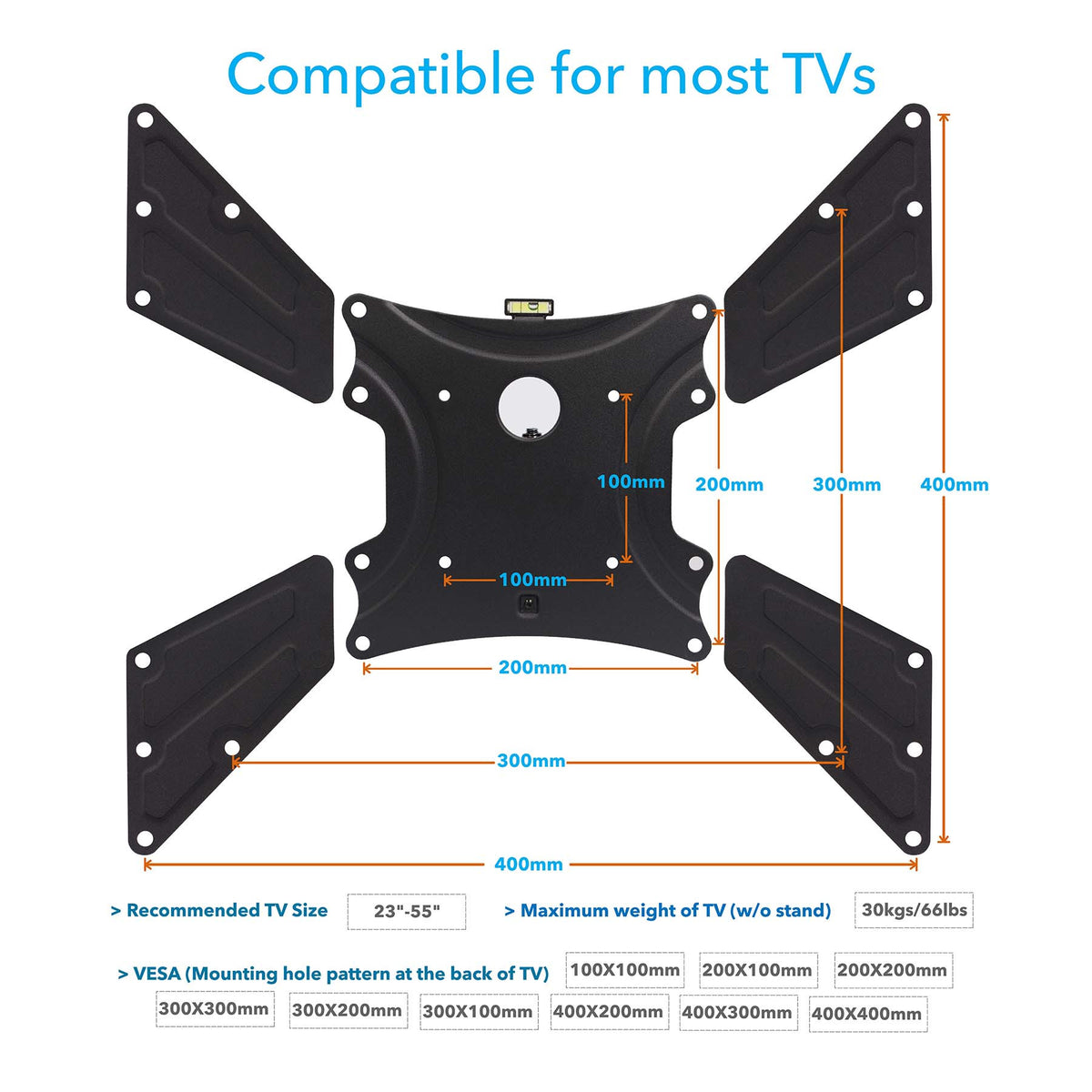 QG-TM-021-BLK TV size compatibility graphic