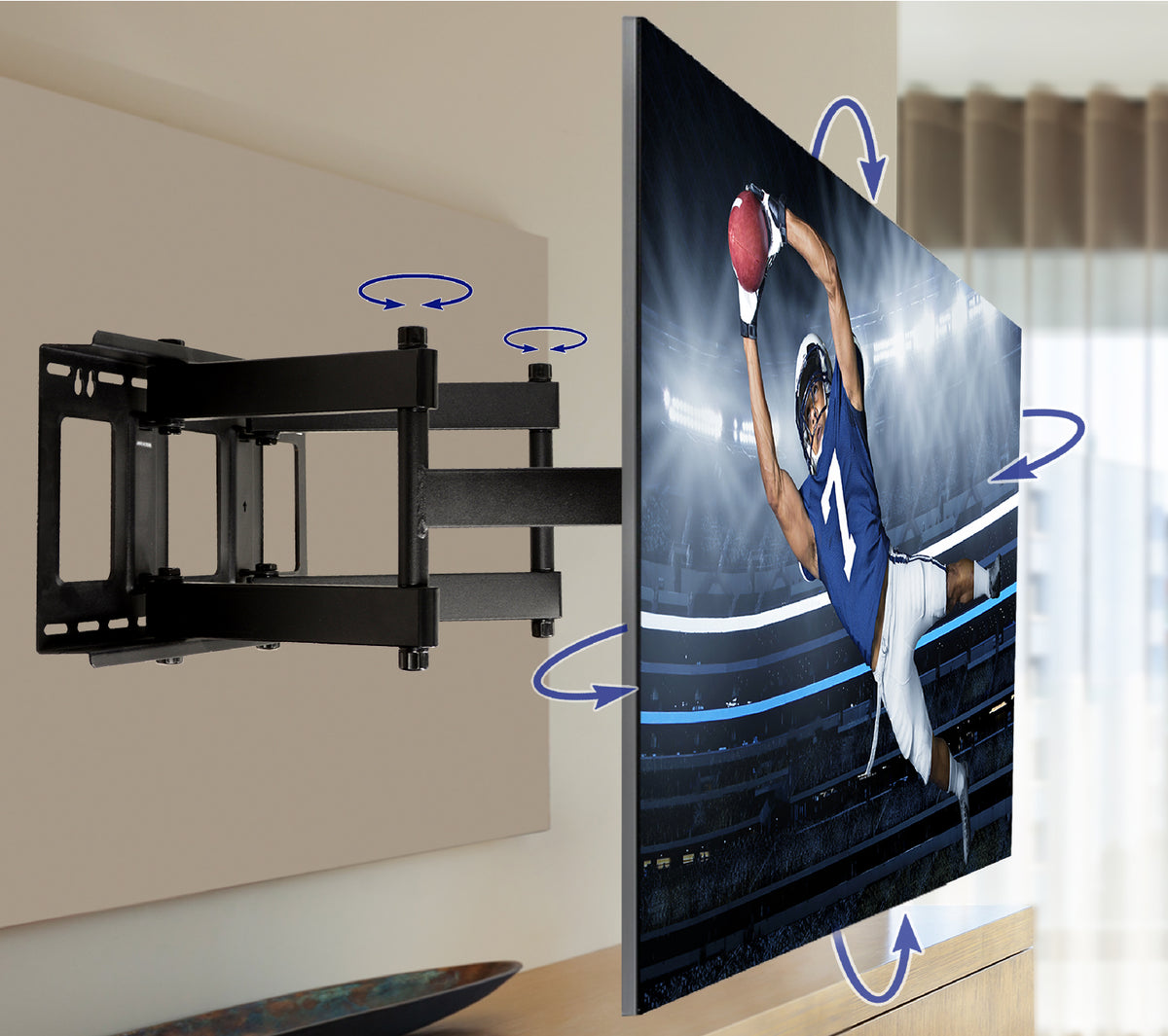 QG-TM-092-BLK mount extended with TV, swivel and tilt directions shown