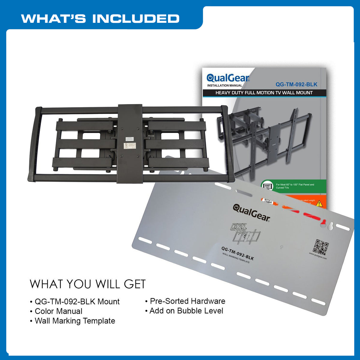 QualGear 60-100 in heavy duty full motion tv wall mount black, in packaging.
