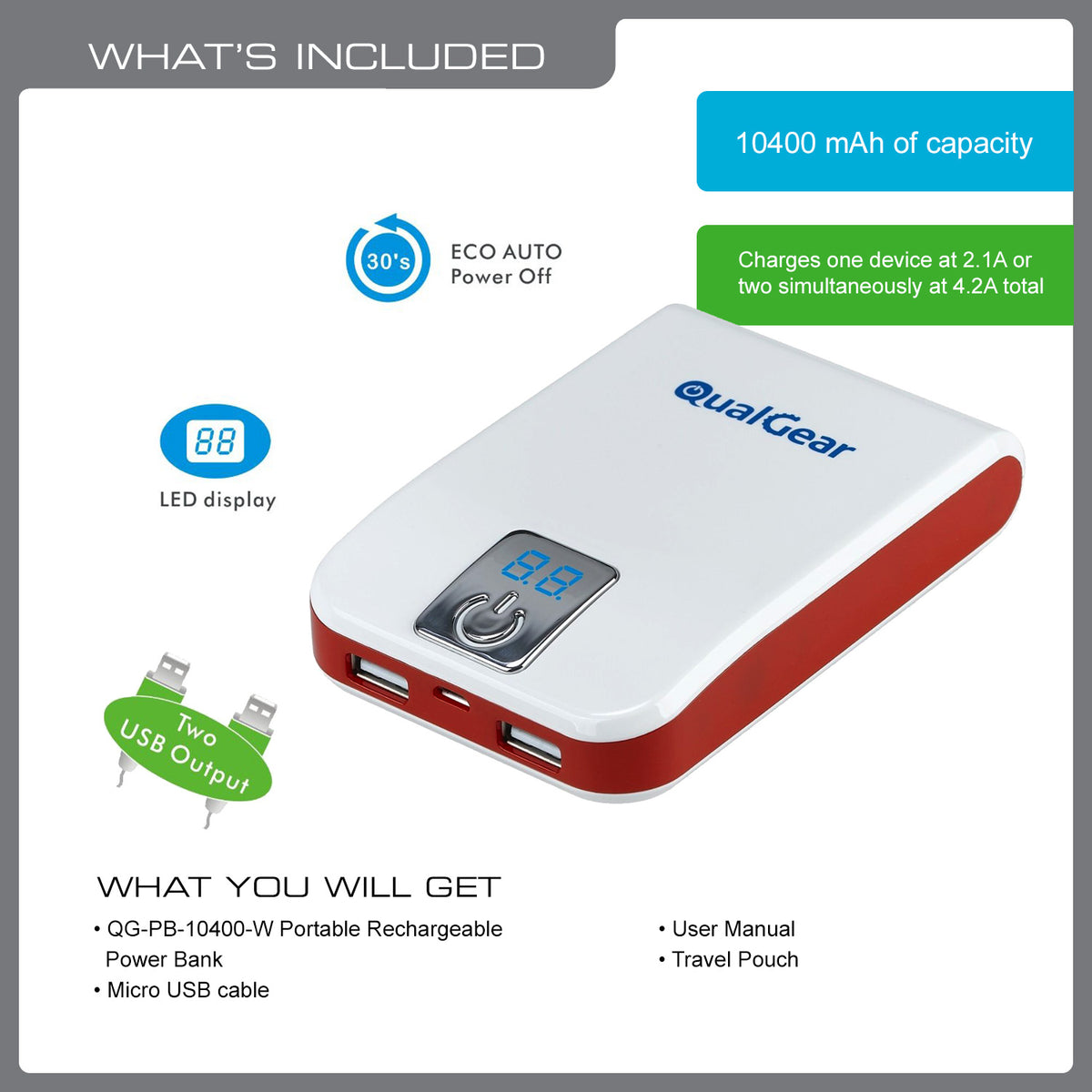 QualGear portable power bank 10, 400 mah dual USB, white.