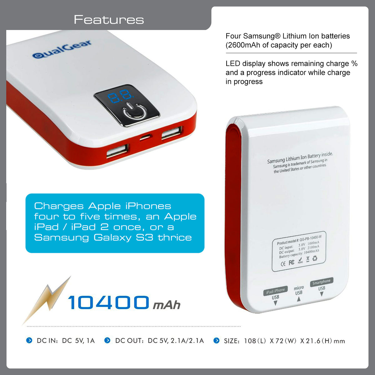QualGear portable power bank 10, 400 mah dual USB, white.