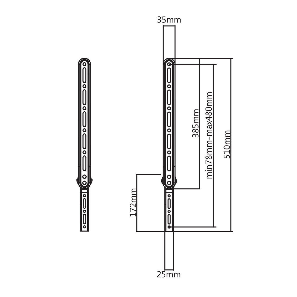 QualGear universal sound bar bracket 33 lb / 15 kg black, with dimensions.
