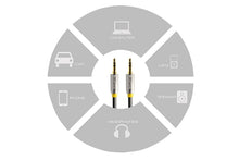 Compatibility diagram for the QualGear aux audio cable showing phone, laptop, headphone, and car stereo use