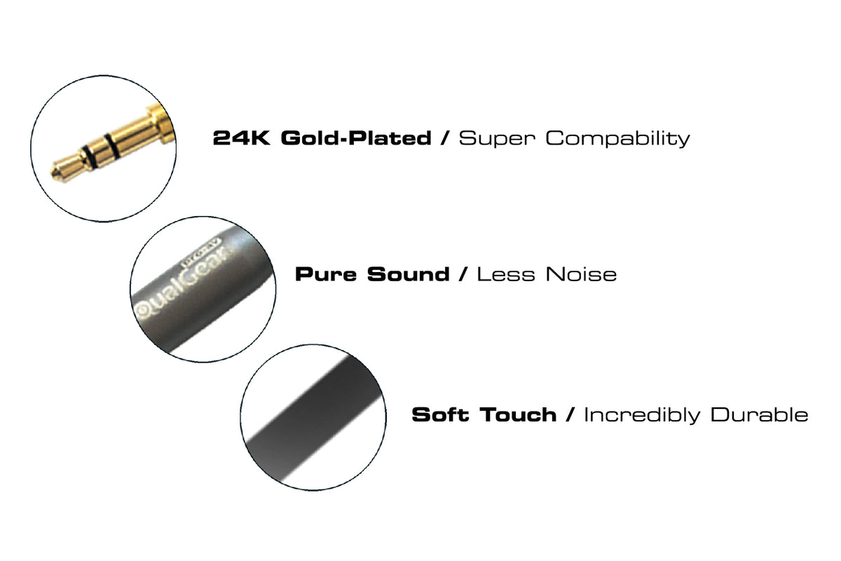 QualGear aux audio cable feature callouts: 24K gold-plated contacts, pure sound, soft-touch cord