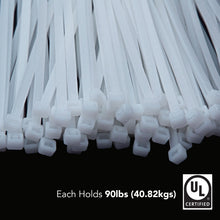 Heads-on pile of white QualGear 14 in cable ties with the 90 lb rating callout