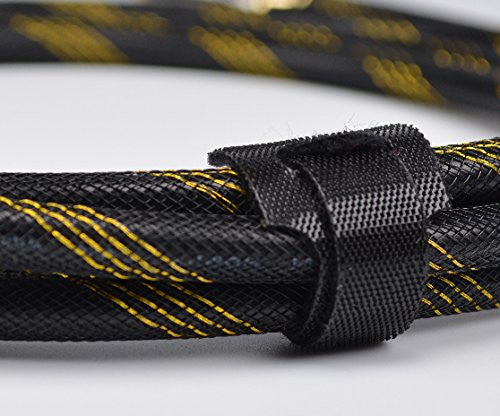 Black QualGear reusable tie bundling an HDMI cable, wrapped snug without over-tightening