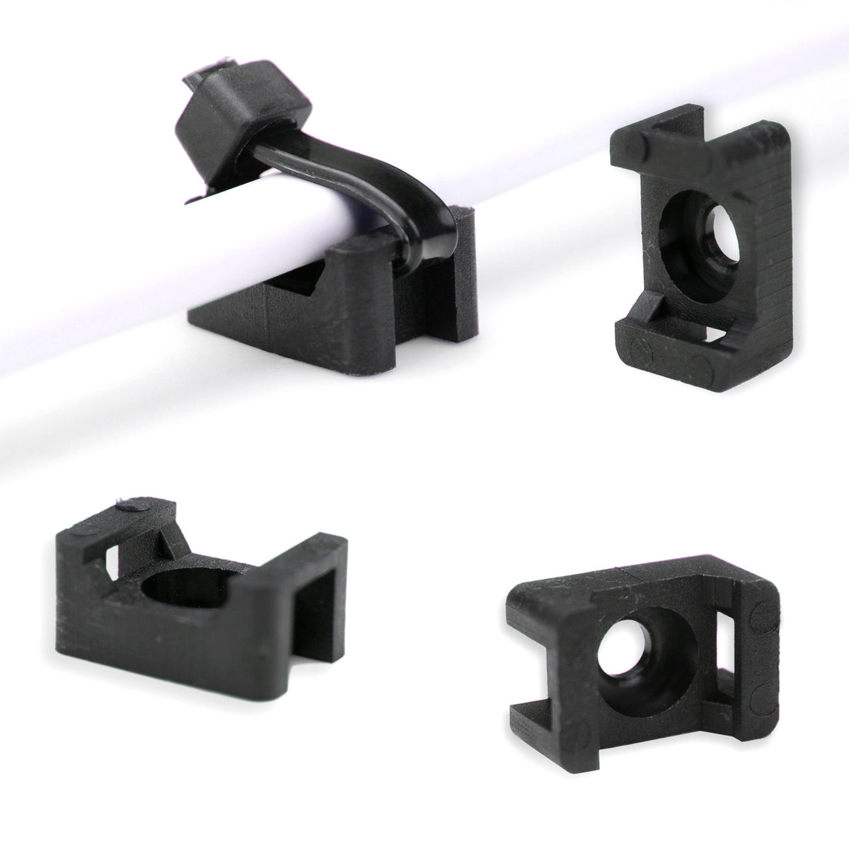 Black QualGear saddle mount anchoring a cable with a tie threaded through the 4.5 mm slot