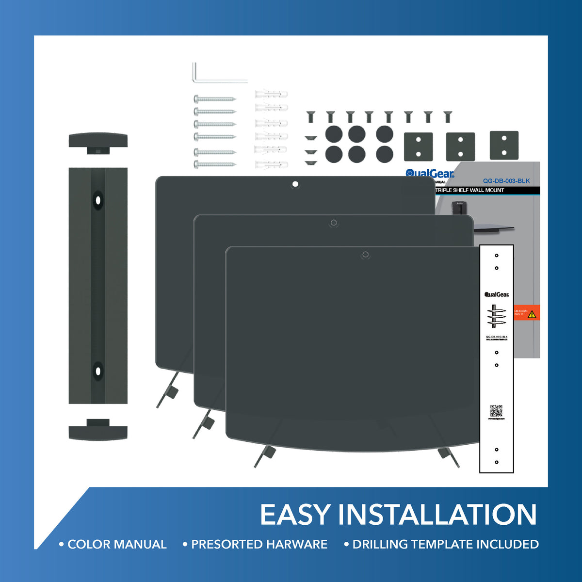 QualGear triple shelf wall mount 17.6 lb / 8 kg per shelf black.