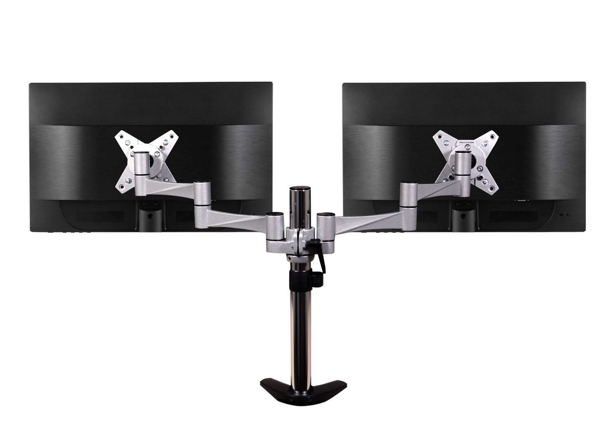 QualGear 3-Way articulating dual monitor desk mount 13-32 in silver.