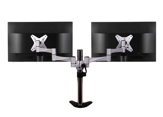 QualGear 3-Way articulating dual monitor desk mount 13-32 in silver.