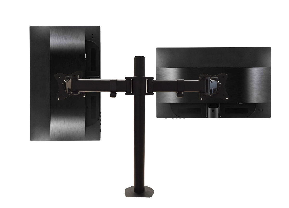 QualGear 3-Way articulating dual monitor desk mount 13-32 in black.