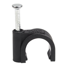 QualGear 10 mm nail-in cable clip in black with 10mm embossed on the saddle, from the 100-pack