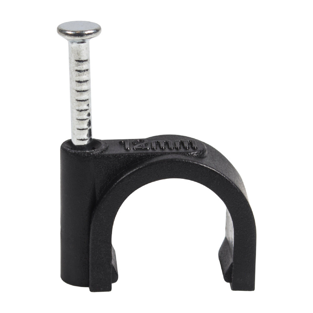 QualGear 12 mm nail-in cable clip in black with 12mm embossed on the saddle, from the 100-pack