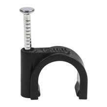 QualGear 12 mm nail-in cable clip in black with 12mm embossed on the saddle, from the 100-pack