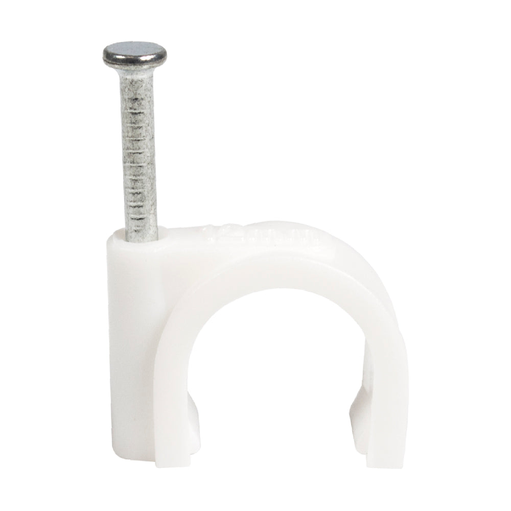 QualGear 12 mm nail-in cable clip in white with steel nail, the largest clip size, from the 100-pack