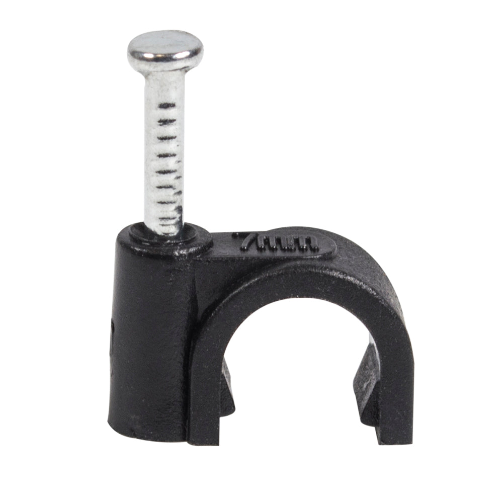 QualGear 7 mm nail-in cable clip in black with 7mm marking and steel nail, from the 100-pack