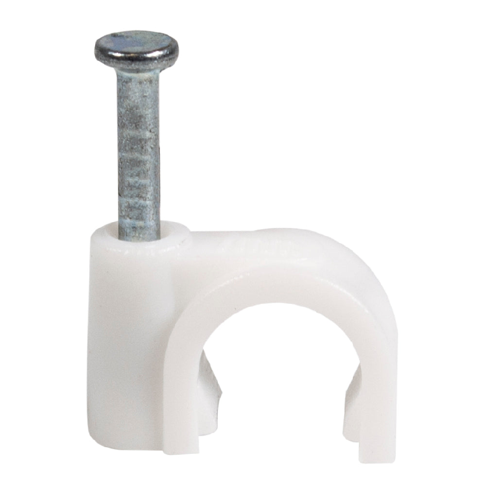 QualGear 7 mm nail-in cable clip in white with steel nail, from the 100-pack for wall and trim cable runs