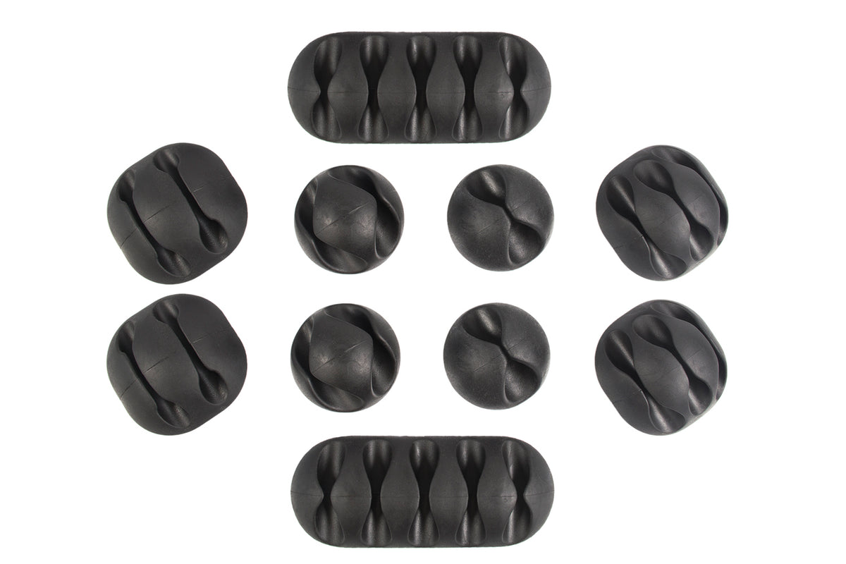 QualGear multipurpose adhesive cable clip holders in black, all 10 holders from the pack laid out