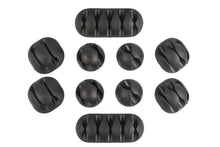 QualGear multipurpose adhesive cable clip holders in black, all 10 holders from the pack laid out