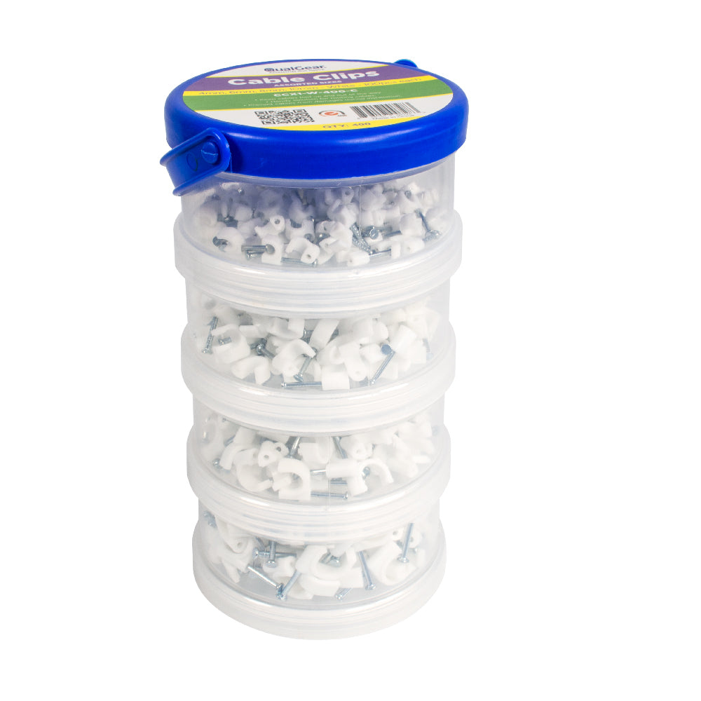 QualGear 400-pack canister of white nail-in cable clips in four sizes: 4, 6, 8, and 10 mm