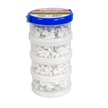QualGear 400-pack canister of white nail-in cable clips in four sizes: 6, 7, 8, and 10 mm