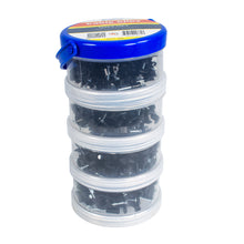 QualGear 400-pack canister of black nail-in cable clips in 6, 7, 8, and 10 mm sizes with stacked trays