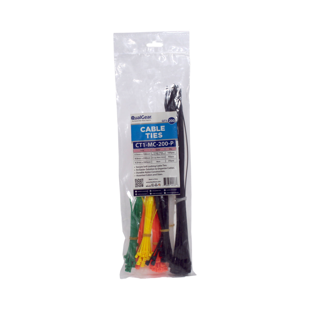 QualGear 200-pack retail bag of self-locking cable ties in three sizes and five colors
