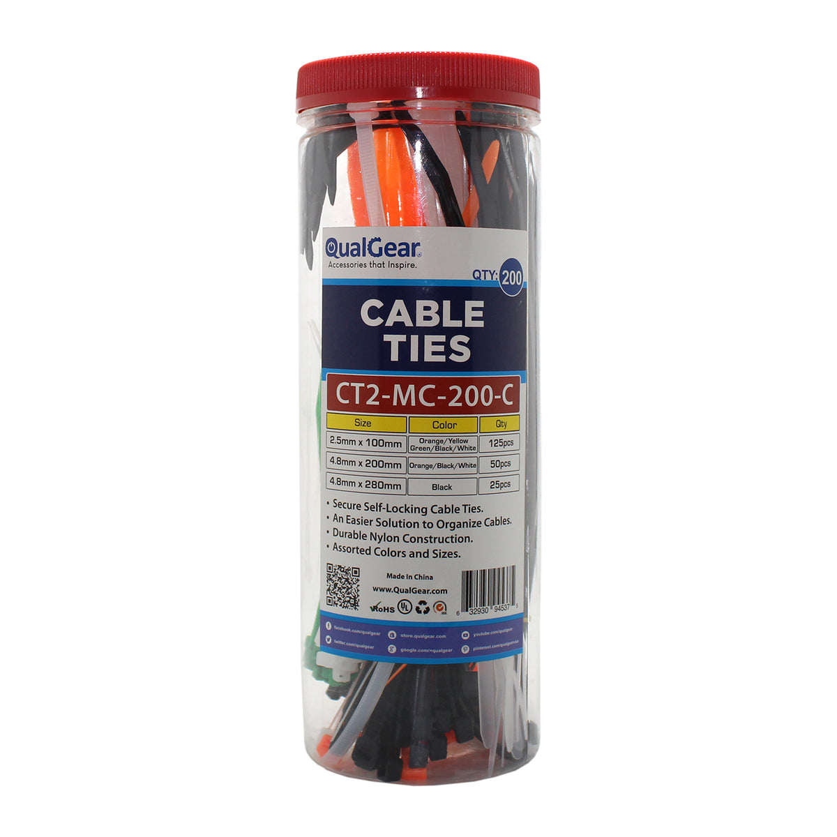 QualGear 200-count cable tie canister with size and color chart on the label