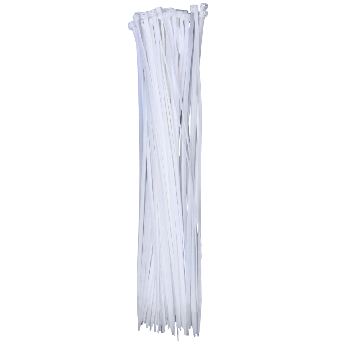 Tall bundle of white 14 in QualGear self-locking cable ties standing upright