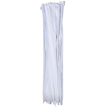 Tall bundle of white 14 in QualGear self-locking cable ties standing upright